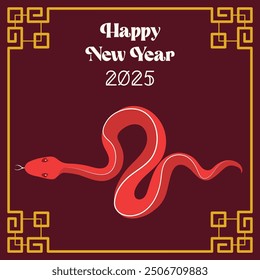 Chinese New Year 2025, the year of the snake, red and gold line art characters, simple hand-drawn Asian elements with craft (Chinese translation: Happy Chinese New Year 2025, year of the snake)