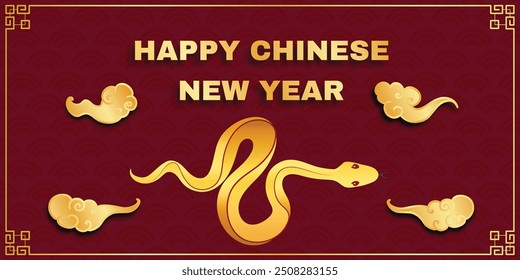 Chinese New Year 2025, the year of the snake, red and gold line art characters, simple hand-drawn Asian elements with craft (Chinese translation: Happy Chinese New Year 2025, year of the snake)