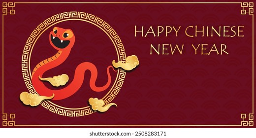 Chinese New Year 2025, the year of the snake, red and gold line art characters, simple hand-drawn Asian elements with craft (Chinese translation: Happy Chinese New Year 2025, year of the snake)