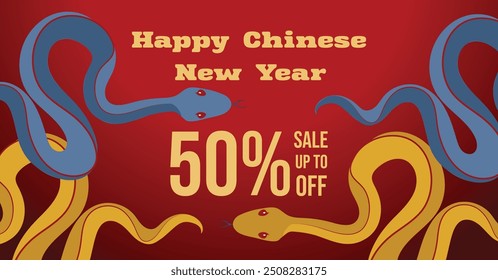 Chinese New Year 2025, the year of the snake, red and gold line art characters, simple hand-drawn Asian elements with craft (Chinese translation: Happy Chinese New Year 2025, year of the snake)