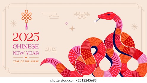 Ano novo chinês 2025 ano da serpente. Ilustração e design de Red Snake. Design tradicional chinês vermelho vetor com cobras. Conceito de ano novo lunar, design vetorial moderno geométrico