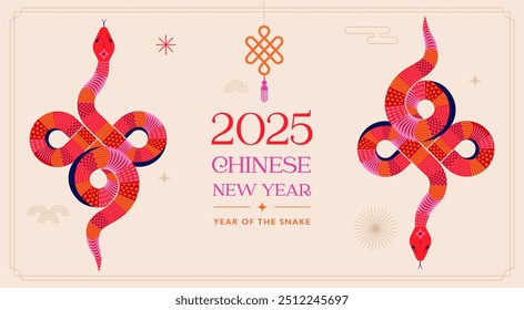 Ano novo chinês 2025 ano da serpente. Ilustração e design de Red Snake. Design tradicional chinês vermelho vetor com cobras. Conceito de ano novo lunar, design vetorial moderno geométrico