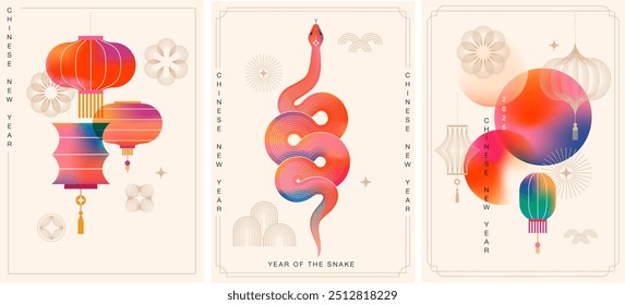 Chinese new year 2025 year of the Snake. Red Snake illustrations, vertical design, cards, banners. Red traditional Chinese vector designs with snakes. Lunar new year concept, geometric modern vector