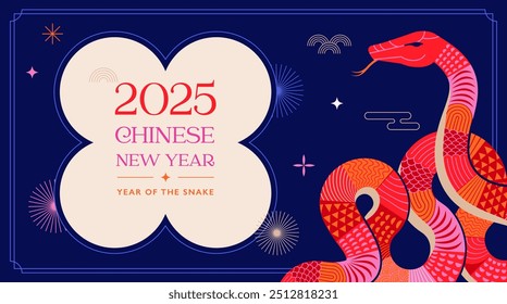 Chinese new year 2025 year of the Snake. Red Snake illustration and design. Red traditional Chinese vector designs with snakes. Lunar new year concept, geometric modern vector design