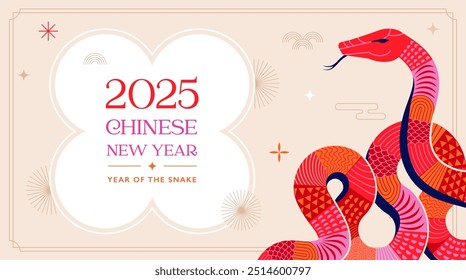 Año nuevo chino 2025 año de la serpiente. Ilustración y diseño de Red Snake. Diseños de Vector chino tradicional rojo con serpientes. Concepto del año nuevo lunar, diseño moderno geométrico del Vector