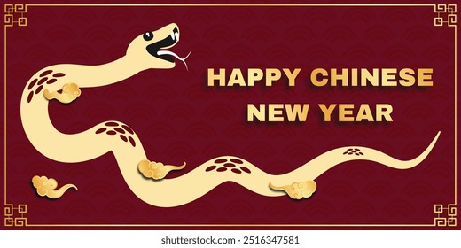 Chinese New Year 2025, the year of the snake, red and gold line art characters, simple hand-drawn Asian elements with craft (Chinese translation: Happy Chinese New Year 2025, year of the snake)
