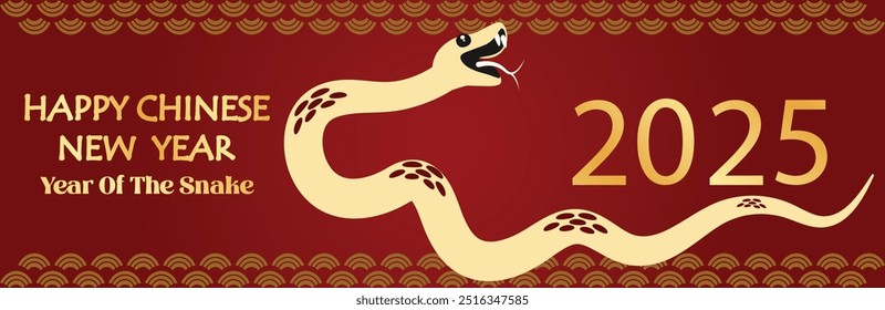 Chinese New Year 2025, the year of the snake, red and gold line art characters, simple hand-drawn Asian elements with craft (Chinese translation: Happy Chinese New Year 2025, year of the snake)