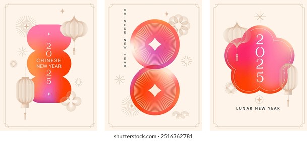 Chinese new year 2025 year of the Snake. Vertical abstract greeting cards, banners. Red traditional Chinese vector designs with lanterns. Lunar new year concept, linear abstract modern design