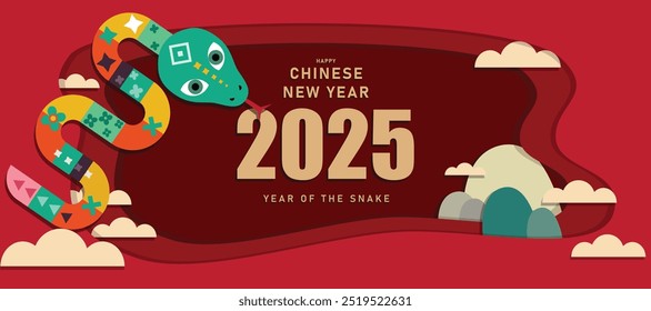 Chinese new year 2025 year of the Snake. Snake illustration and design. Red traditional Chinese vector designs with snakes. Lunar new year concept, geometric modern vector design