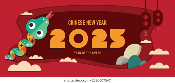 Chinese new year 2025 year of the Snake. Red Snake illustration, Papercut Style design, cards, banners. Red traditional Chinese vector designs with snakes. Lunar new year concept, geometric modern