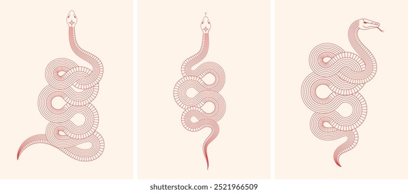 Chinese new year 2025 year of the Snake. Abstract red snake illustrations set. Linear geometric minimalist style. Traditional vector design. Lunar new year concept