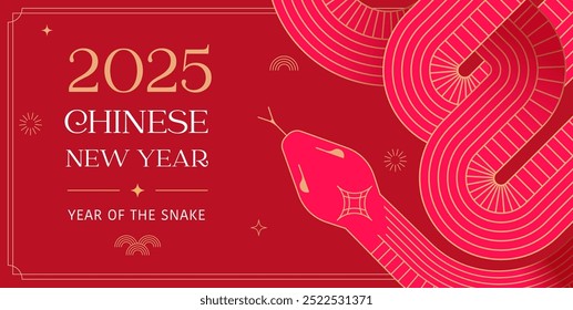 Chinese new year 2025 year of the Snake. Abstract background. Linear geometric red Snake illustration. Traditional Chinese vector design. Lunar new year concept