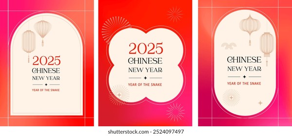 Año nuevo chino 2025 año de la serpiente. Vertical abstracta tarjetas de felicitación, Anuncios. Diseños de Vector chino tradicional rojo con linternas. Concepto de año nuevo lunar, diseño moderno abstracto lineal