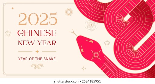 Chinese new year 2025 year of the Snake. Abstract background. Linear geometric red Snake illustration. Traditional Chinese vector design. Lunar new year concept