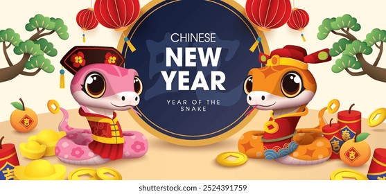 Chinese new year 2025 year of the Snake zodiac sign. Asian style design. Concept for traditional holiday card, banner, poster, decor element.