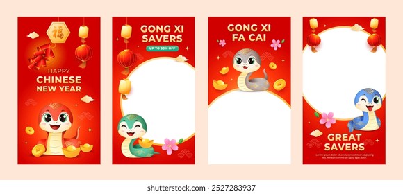 Chinese New Year 2025 snake zodiac social media post template collection. Holiday vertical sale banner vector illustration template.