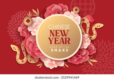 Ano novo chinês 2025 ano do cartaz da serpente com signo zodíaco. Design de estilo asiático. Conceito para cartão de férias tradicional, faixa, cartaz, elemento de decoração.