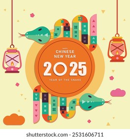 Chinese New Year 2025, 2025 Chinese New Year, the year of the snake 2025, snake zodiac sign with flower, lantern