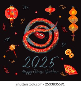 Chinese new year 2025 of snake. Greeting card poster, banner, invitation with snake, sign of Chinese lunar calendar 2025, drum, lanterns, fans. Festive oriental vector illustration isolated on black.