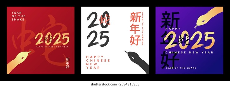 Ano Novo Chinês 2025 Ano da Bandeira da Serpente. Fundo de vetor e números caligráficos com design de ilustração de cobras. Quadros de cartão com caracteres chineses em vermelho, branco e roxo.