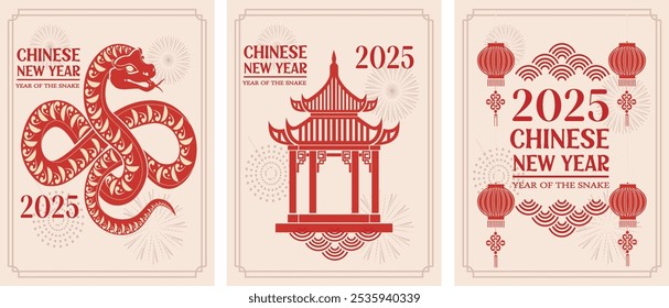 Ano novo chinês 2025 ano da cobra. design tradicional com cobra, templo e lanterna. conceito de ano novo lunar