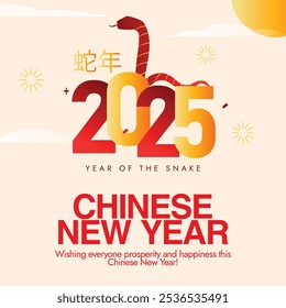 Chinese New Year. 2025 Snake year celebration banner with snake in red colour. Chinese text Translation: Year of Snake. Lunar year celebration banner, post with red and golden text. China's Festivals.