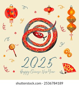 Chinese new year 2025 of snake. Greeting card poster, banner, invitation with snake, sign of Chinese lunar calendar 2025, drum, lanterns, fans. Festive oriental vector illustration isolated on beige.