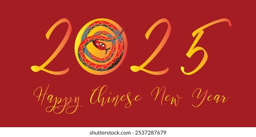 Ano novo chinês 2025 de serpente. Snake é sinal do calendário lunar chinês 2025. Ilustração de vetor colorido festivo isolado no fundo vermelho para cartaz, banner, cartão de saudação, convite.