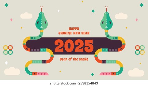 Chinese new year 2025 year of the Snake. colorful Snake illustrations, vertical design, cards, banners. traditional Chinese vector designs with snakes. Lunar new year concept, geometric modern vector