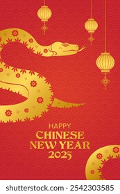 Chinese new year 2025, year of the snake. Golden snake illustration, envelope design, vertical design. Lunar new year. Chinese New Year background with red colors and illustrations of golden snakes, l