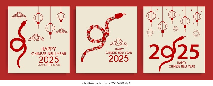 Chinese New Year 2025. Year of the snake zodiac posters with lanterns and asian elements. Vector set for flyers and social media