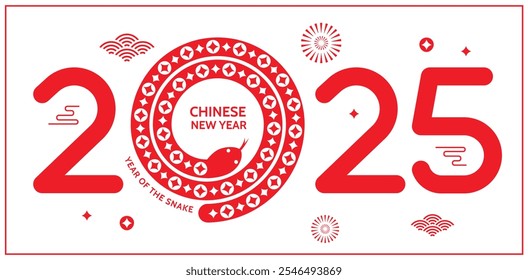 Chinese New Year 2025, Year of the Snake. Red Snake illustration. Chinese zodiac Snake symbol. Lunar New Year background, banner, poster, greeting card.