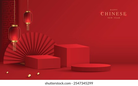 Chinese new year 2025 year of the snake for product. podium, backdrop, products showcase and promotion display on red background. lunar new year concept. vector design.