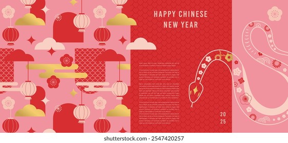 Chinese new year 2025 year of the Snake. Red Snake illustration and design. Red traditional Chinese vector designs with snakes. Lunar new year concept, geometric modern vector design