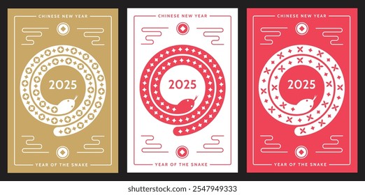 Chinese New Year 2025, Year of the Snake. Lunar New Year cards set.