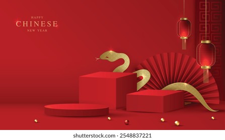 Chinese new year 2025 year of the snake for product. podium, backdrop, products showcase and promotion display on red background. lunar new year concept. vector design.