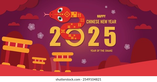 Chinese new year 2025 year of the Snake. cards, banners. Red traditional Chinese vector designs with snakes. lunar new year greeting card, 2025 Lunar new year concept, geometric modern vector