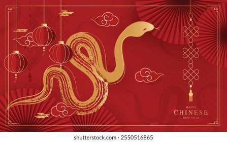 Chinese new year 2025 of the snake banner template design with snake, chinese lantern and chinese  fan red background. red traditional chinese vector design with snake.
