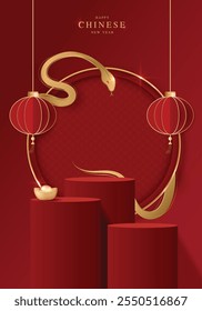 Chinese new year 2025 year of the snake for product. podium, backdrop, products showcase and promotion display on red background. lunar new year concept. vector design.