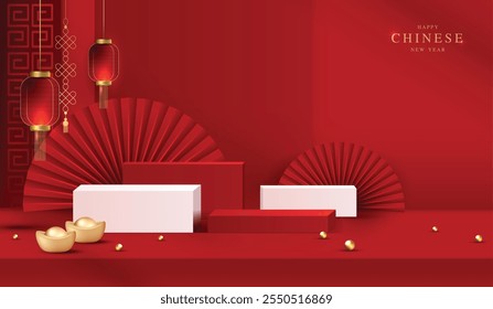 Chinese new year 2025 year of the snake for product. podium, backdrop, products showcase and promotion display on red background. lunar new year concept. vector design.