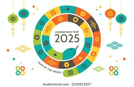 Año Nuevo chino 2025, Año de la Serpiente. Fondo del año Nuevo lunar, Anuncio, cartel, tarjeta. 