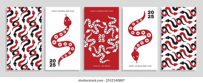 Año nuevo chino 2025 año de la serpiente. Feliz año Nuevo chino. Conjunto de tarjetas de felicitación, diseño de Vertical.  Símbolo de la serpiente del zodiaco chino. Año nuevo lunar. Diseño de Vector.