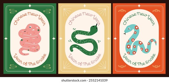 Chinese New Year 2025 – Year of the Snake. Cute snake illustrations, vertical design, cards, and banners. Chinese designs featuring snakes. Lunar New Year concept, fun cartoon modern style.