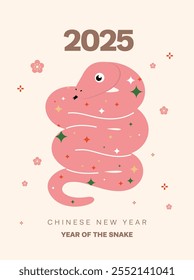 Chinese New Year 2025 – Year of the Snake. Cute snake illustrations, vertical design, cards, and banners. Chinese designs featuring snakes. Lunar New Year concept, fun cartoon modern style.