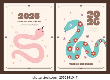 Chinese New Year 2025 – Year of the Snake. Cute snake illustrations, vertical design, cards, and banners. Chinese designs featuring snakes. Lunar New Year concept, fun cartoon modern style.