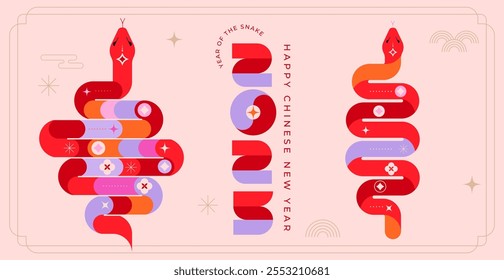 Chinese new year 2025 year of the Snake. Red Snake illustrations, vertical design, cards, banners. Traditional Chinese vector designs with snakes. Lunar new year concept, geometric modern vector