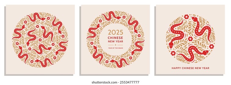 Chinese New Year 2025, Year of the Snake. Lunar New Year cards set.