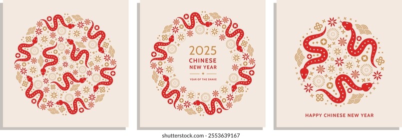 Chinese New Year 2025, Year of the Snake. Lunar New Year cards set.