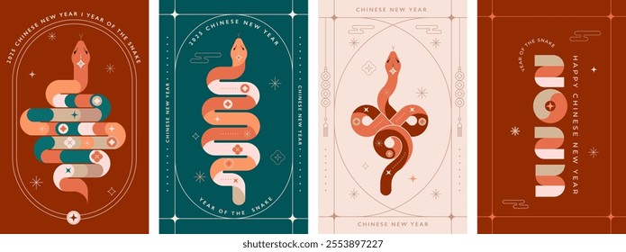 Chinese new year 2025 year of the Snake. Red Snake illustrations, vertical design, cards, banners. Traditional Chinese vector designs with snakes. Lunar new year concept, geometric modern vector