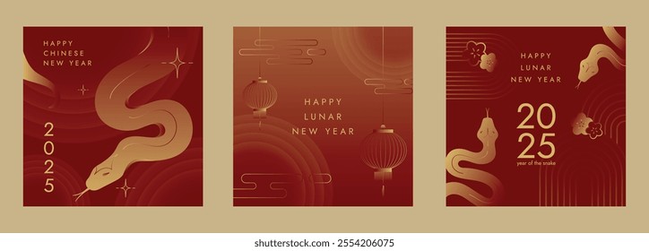 Chinese New Year 2025. Year of the snake. Traditional design set in gradient red and gold colors for social media post, greeting card, banner. Happy Lunar New Year. Chinese zodiac snake 